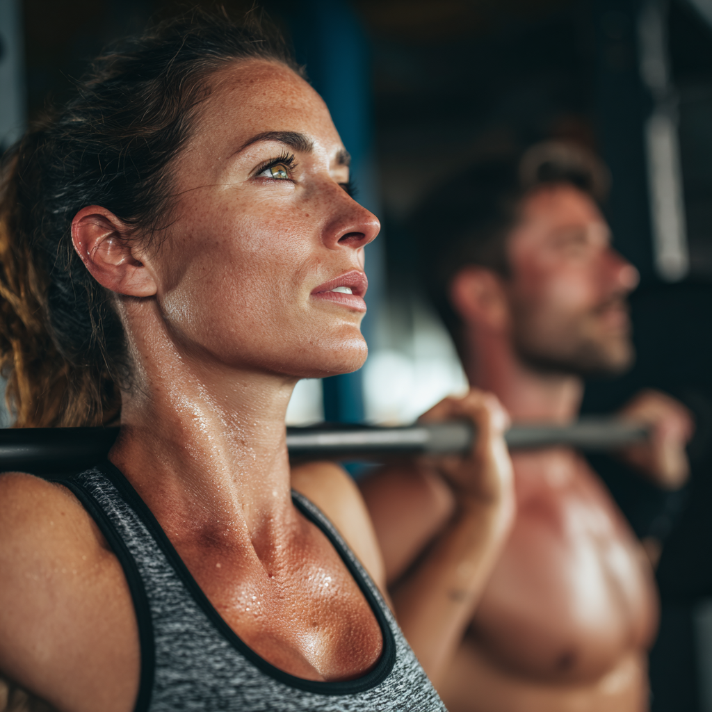 Middle-aged Czech man and woman demonstrating proper biomechanical alignment during strength training exercises